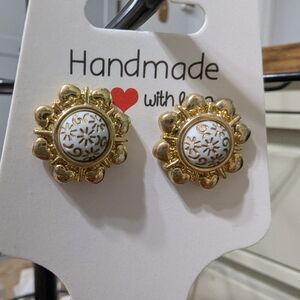 Gold and White Floral Earrings